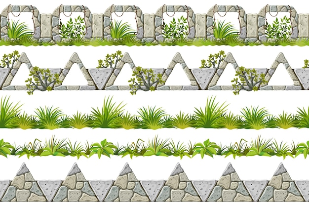 Free vector set of seamless border old gray rock and grass vector stone sidewalks with leaves