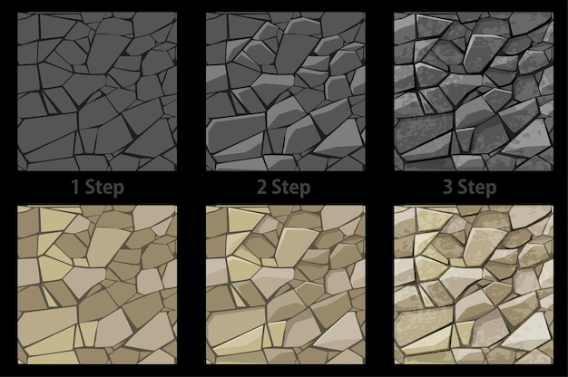 Free vector set of seamless texture stone step by step drawing.