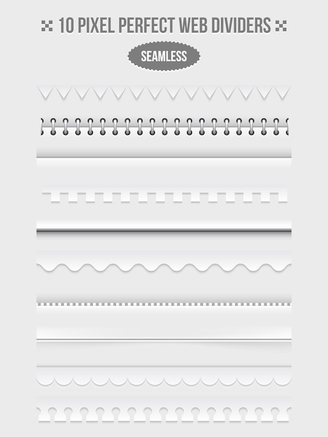 Free Vector set of seamless web page dividers with shadows. frame and bookbinder and wavy. vector illustration