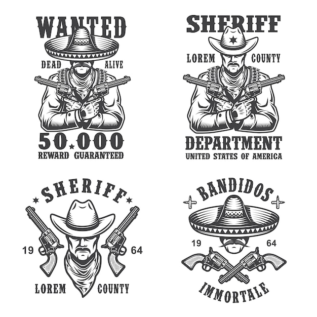 Free Vector set of sheriff and bandit emblems, labels, badges, logos and mascots. monochrome style.