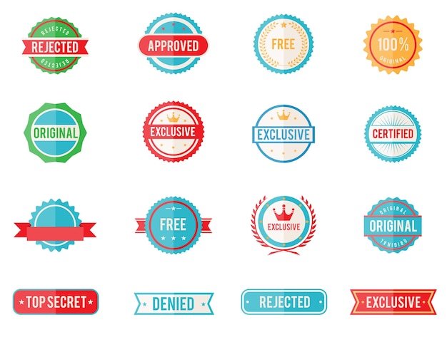 Free Vector set of sixteen vector colored emblems and stamps in flat style depicting denied  approved