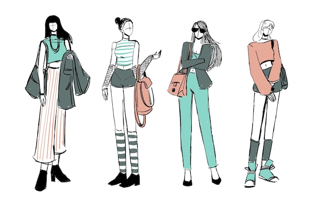 Free vector set of sketches of beautiful and diverse female fashion outfits.