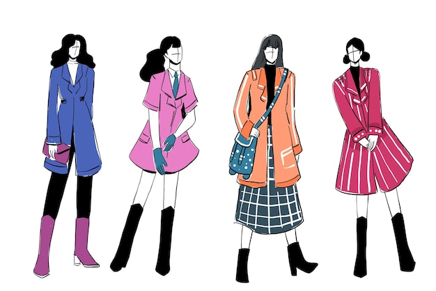 Set of Sketches of beautiful and diverse female fashion outfits