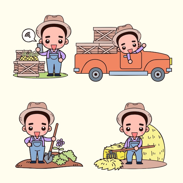 Set of Smart farm and agriculture young farmer and farming and animal husbandry in cartoon character vector illustrations