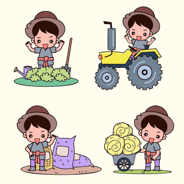 Free vector set of smart farm and agriculture young farmer and farming and animal husbandry in cartoon character vector illustrations