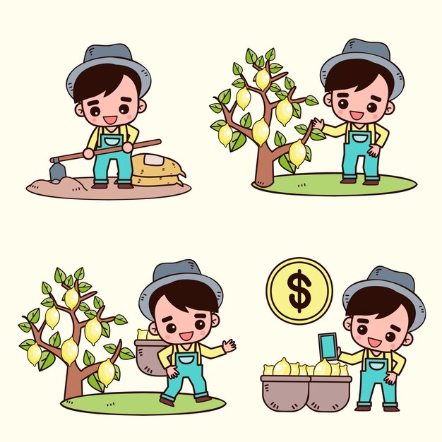 Set of Smart farm and agriculture young farmer and farming and animal husbandry in cartoon character vector illustrations