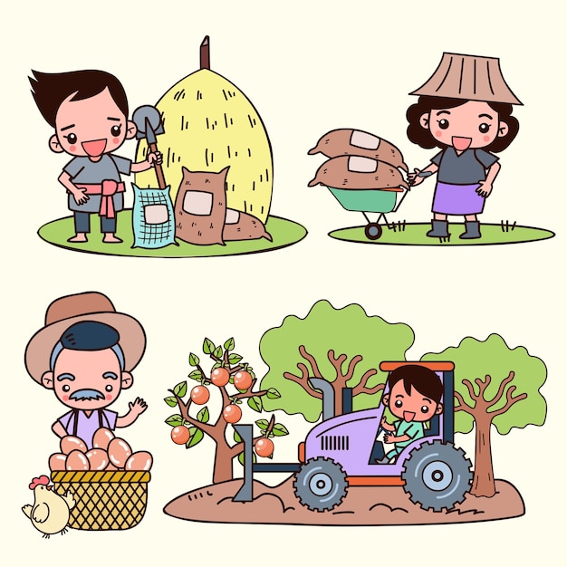 Free vector set of smart farm and agriculture young farmer and farming and animal husbandry in cartoon character vector illustrations