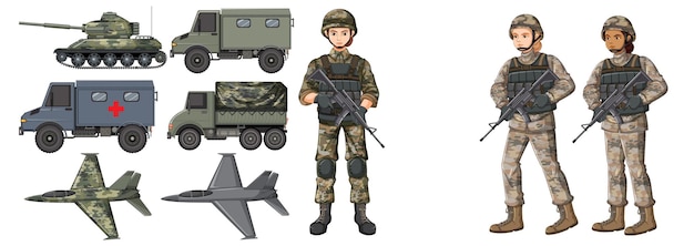 Free Vector set of soldier and military transportatio