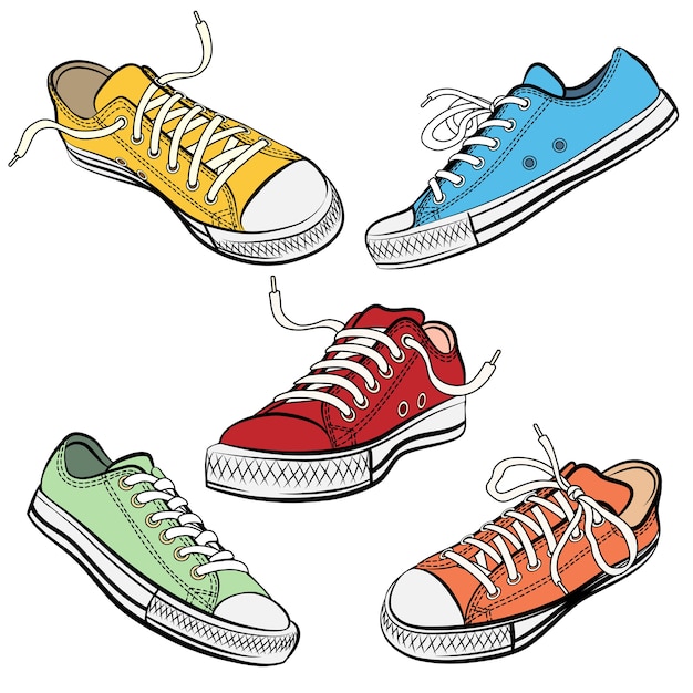 Free vector set of sport shoes or sneakers in different views.