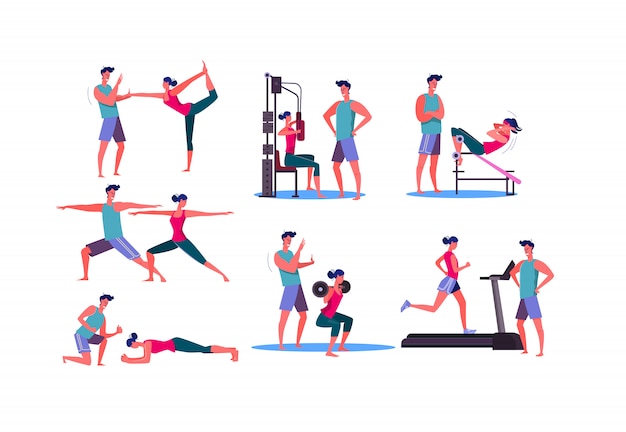 Free vector set of sporty woman training at gym