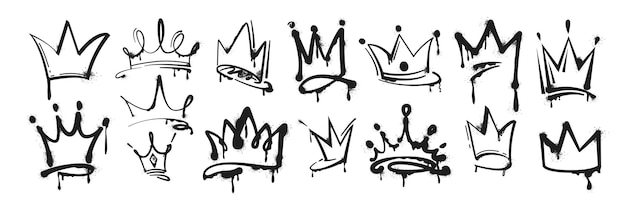 Free vector set of spray paint graffiti king crowns and princess tiara with inky splashes
