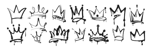 Free Vector set of spray paint graffiti king crowns and princess tiara with inky splashes