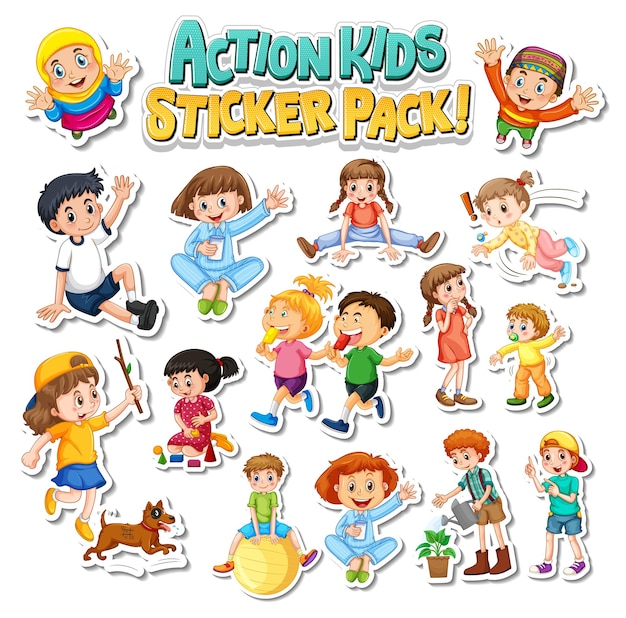 Free Vector set of stickers design with kids doing different activities