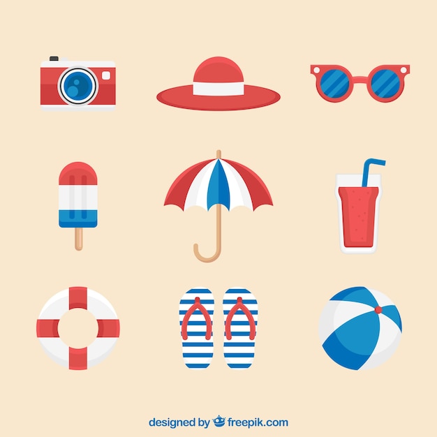 Free Vector set of summer elements with food and clothes in flat style