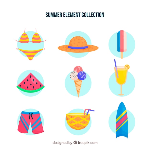 Free Vector set of summer elements with food and clothes in hand drawn style