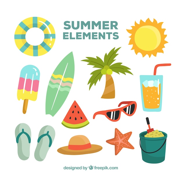 Free Vector set of summer elements with food and clothes in hand drawn style