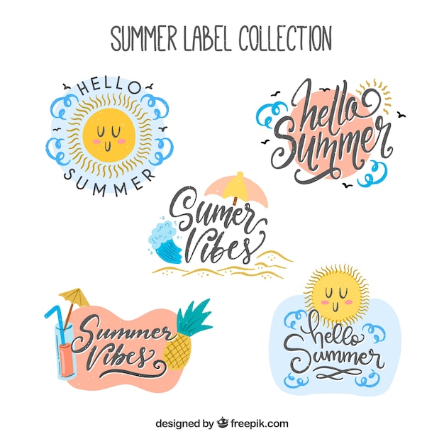 Free Vector set of summer labels with beach elements in hand drawn style