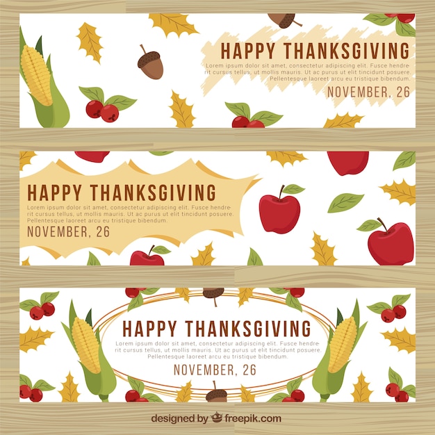 Free vector set of thanksgiving banners with leaves and healthy food