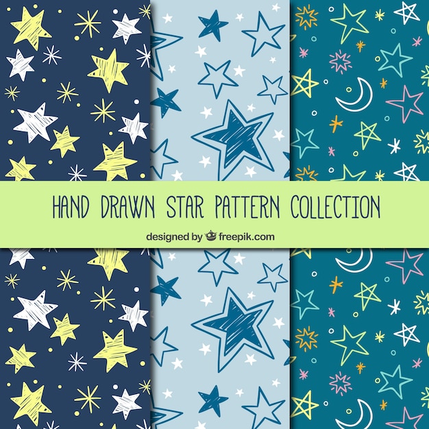 Free Vector set of three fantastic patterns with hand-drawn stars