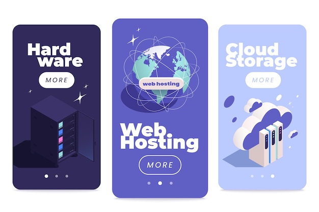 Free Vector set of three vertical web hosting mobile app banners with isometric icons of network infrastructure elements vector illustration