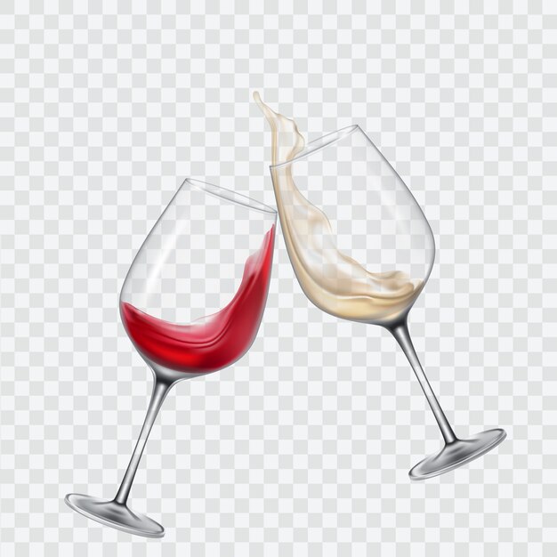 Set transparent glasses with white and red wine