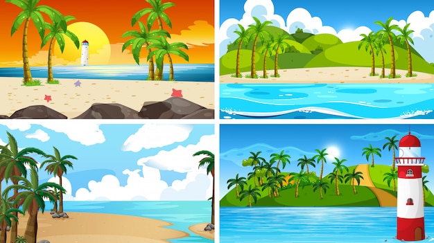 Free Vector set of tropical ocean nature scenes with beaches