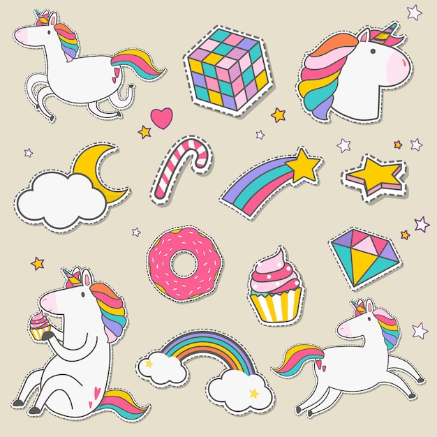 Free Vector set of unicorn stickers vector