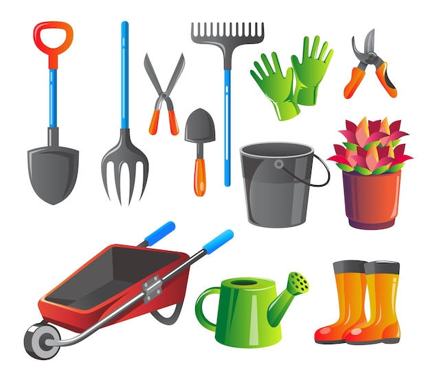 Set of various gardening items Garden tools Flat design illustration of items for gardening Vector illustration