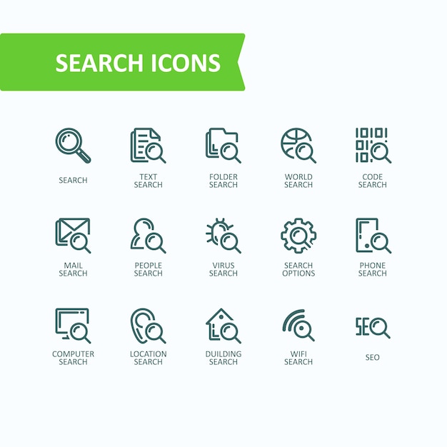 Set of vector illustrations fine line icons of analysis, search of information. 32x32 pixel perfect