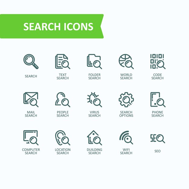 Set of vector illustrations fine line icons of analysis, search of information. 32x32 pixel perfect