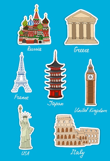 Free Vector set of vector travel landmarks stickers