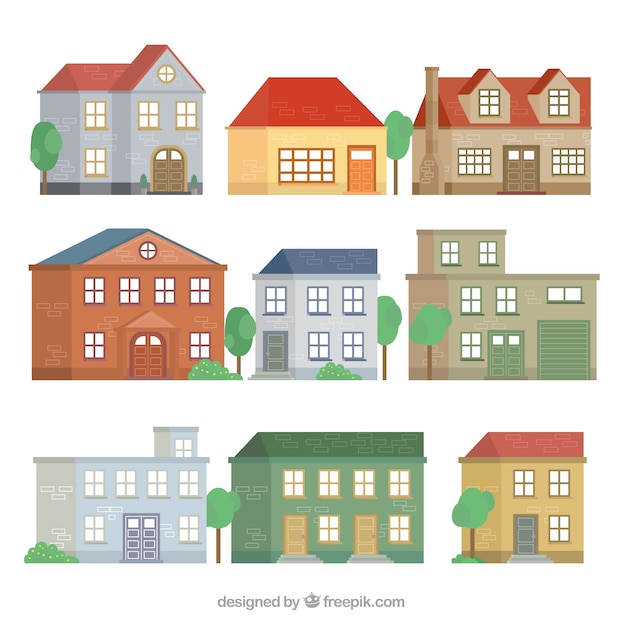 Free Vector set of vintage facades of houses in flat design