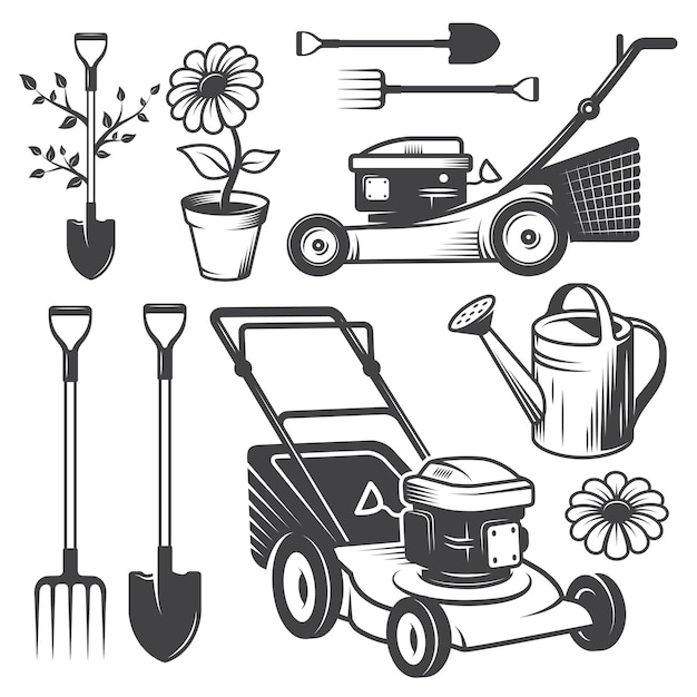 Set of vintage garden logos and designed elements. Monochrome style