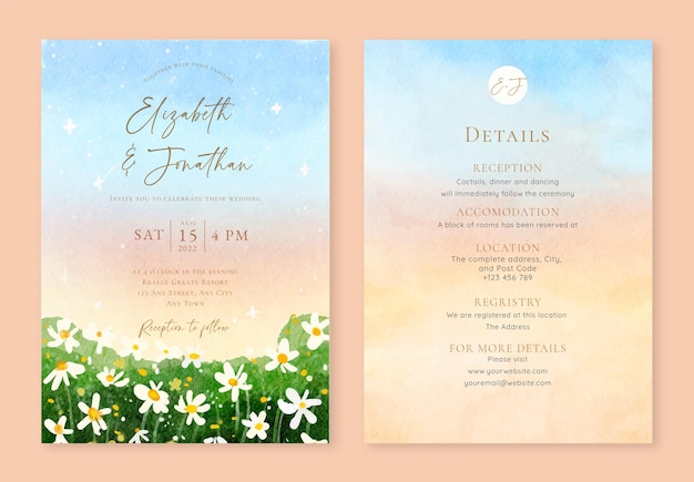 Free Vector set of watercolor wedding invitation card with daisy and sunset sky