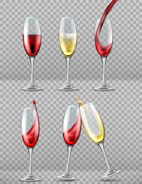 Free Vector set wine glasses with splash of red and white wine, celebratory toast