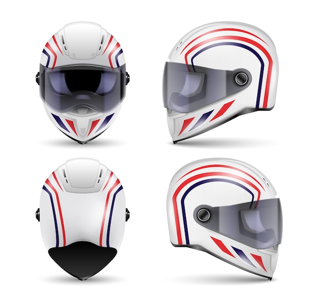 Free vector set with realistic front and side view images of modern safety helmet with visors and artwork vector illustration