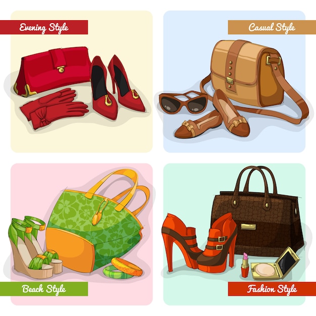 Set of women elegant bags shoes and accessories in evening fashion casual and beach 