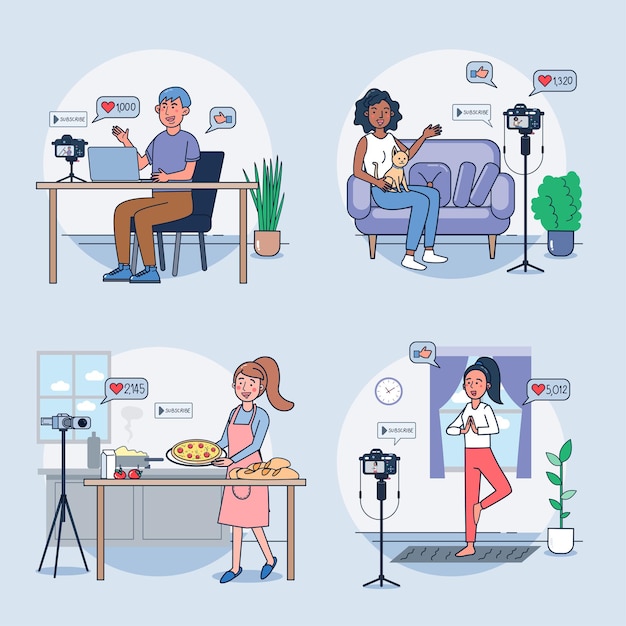 Free vector set of women making videos at home