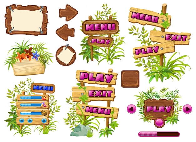 Free Vector set of wooden game panels with leaves liana.