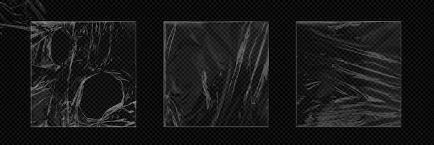 Set of wrinkled and torn pieces of plastic wrap isolated on transparent background Vector realistic illustration of glossy polyethylene stretch film texture with crumpled surface overlay effect