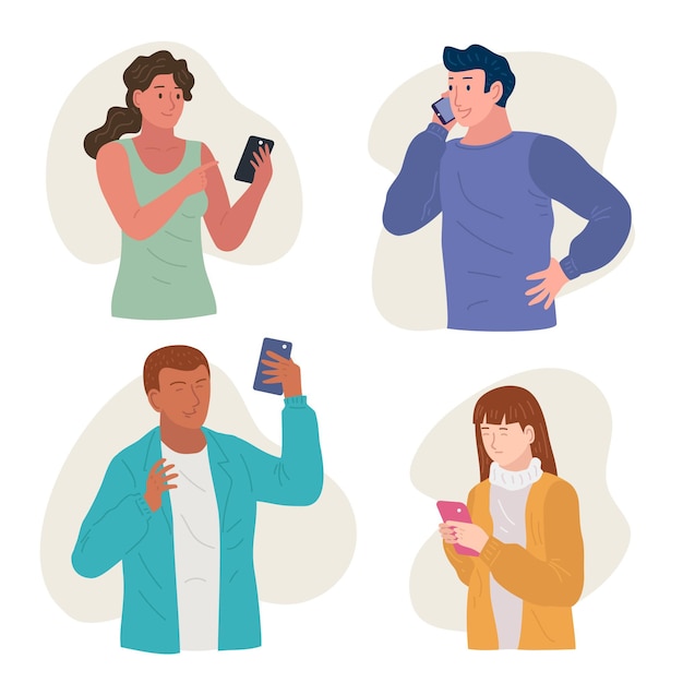 Free Vector set of young people using smartphones