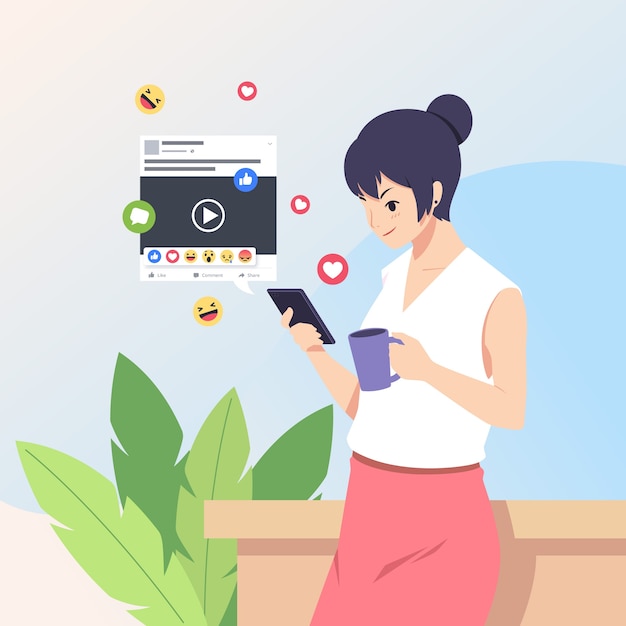 Free Vector sharing content on social media with woman holding smartphone