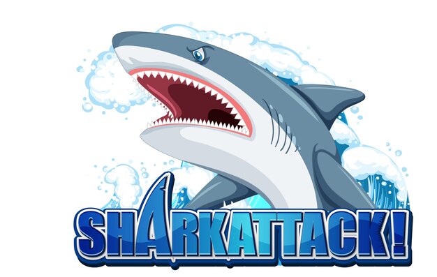 Shark attack font logo with cartoon aggressive shark