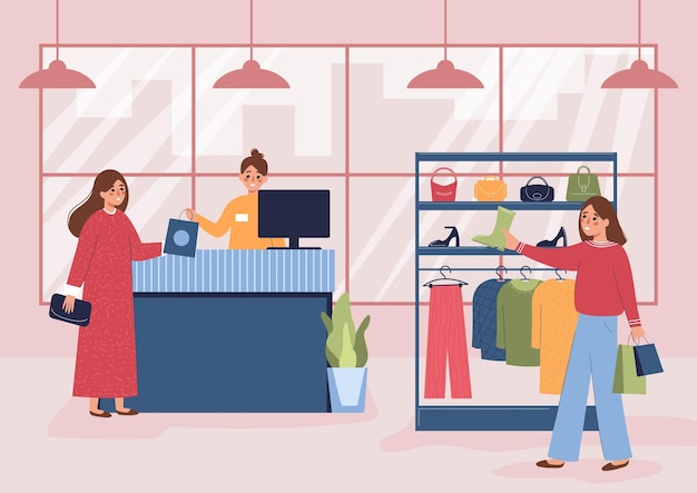 Free Vector shopping people flat composition with indoor view of clothing store with checkout cashier and female visitors vector illustration