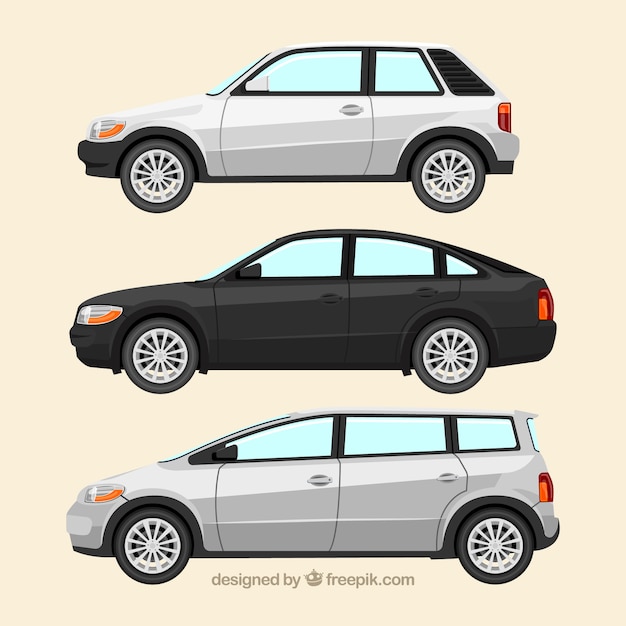 Free Vector side view of three realistic cars of different types