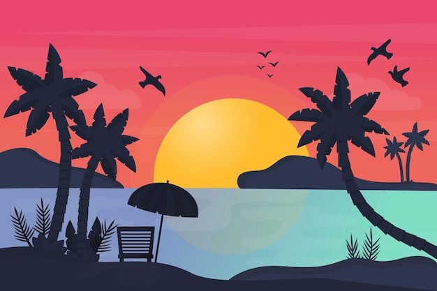 Silhouette of palms and sundown background