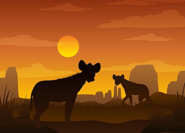 Free Vector silhouette savanna forest with wild animals