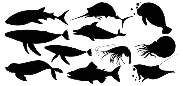 Free Vector silhouettes of marine animals collection