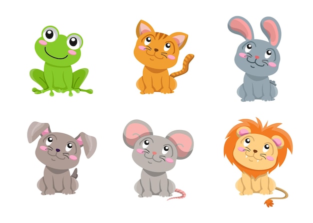 Free Vector similar style of frog, cat, rabbit and more looking at the sky on a transparent. isolated objects, cute illustration.