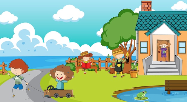 Free Vector a simple house with kids in nature background